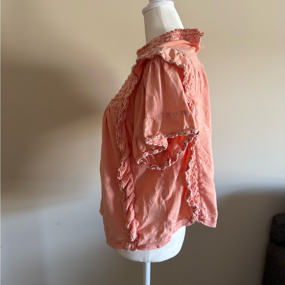 Free People Peach Ruffle Lace Short Sleeve Blouse - Picture 4 of 6